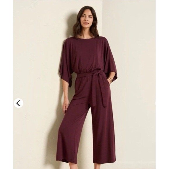 Garnet Hill Green Cotton Prato Knit Wide Jumpsuit Purple Women's